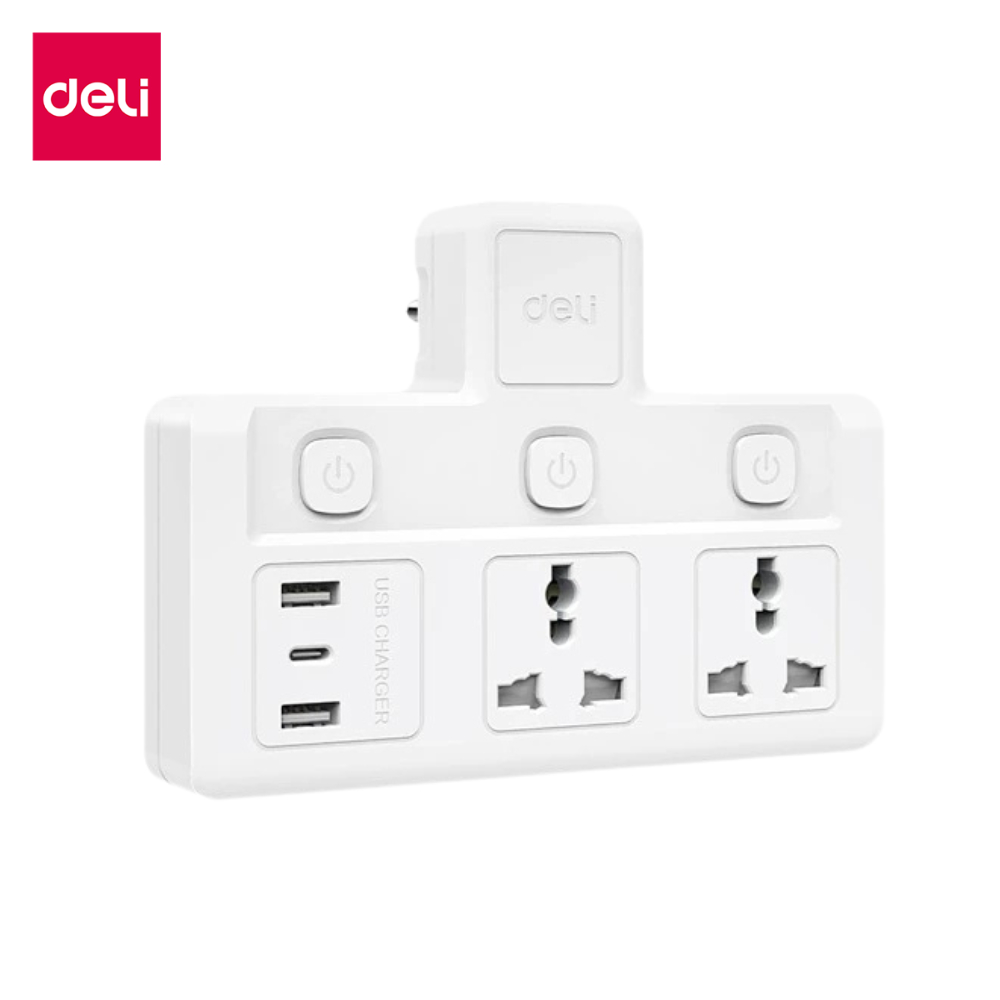 Deli ปลั๊กไฟ ปลั๊กแปลง FastCharge  อแดปเตอร์กำลังไฟ 10A 2500W 2USB 1TypeC ทนความร้อน 750 องศา Univer