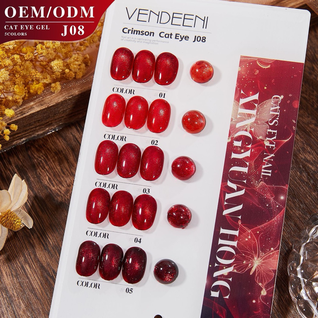 เซตสีลูกแก้ว VENDEENI Cat Eye 5สี โทนแดง พร้อมชาร์ทโชว์สีสำเร็จ