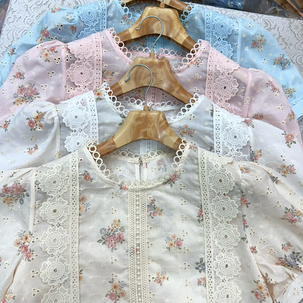 เสื้อแฟชั่นแขนตุ๊กตา ผ้าคอตตอนแต่งระบายลูกไม้ อก38นิ้ว - รูปที่ 4