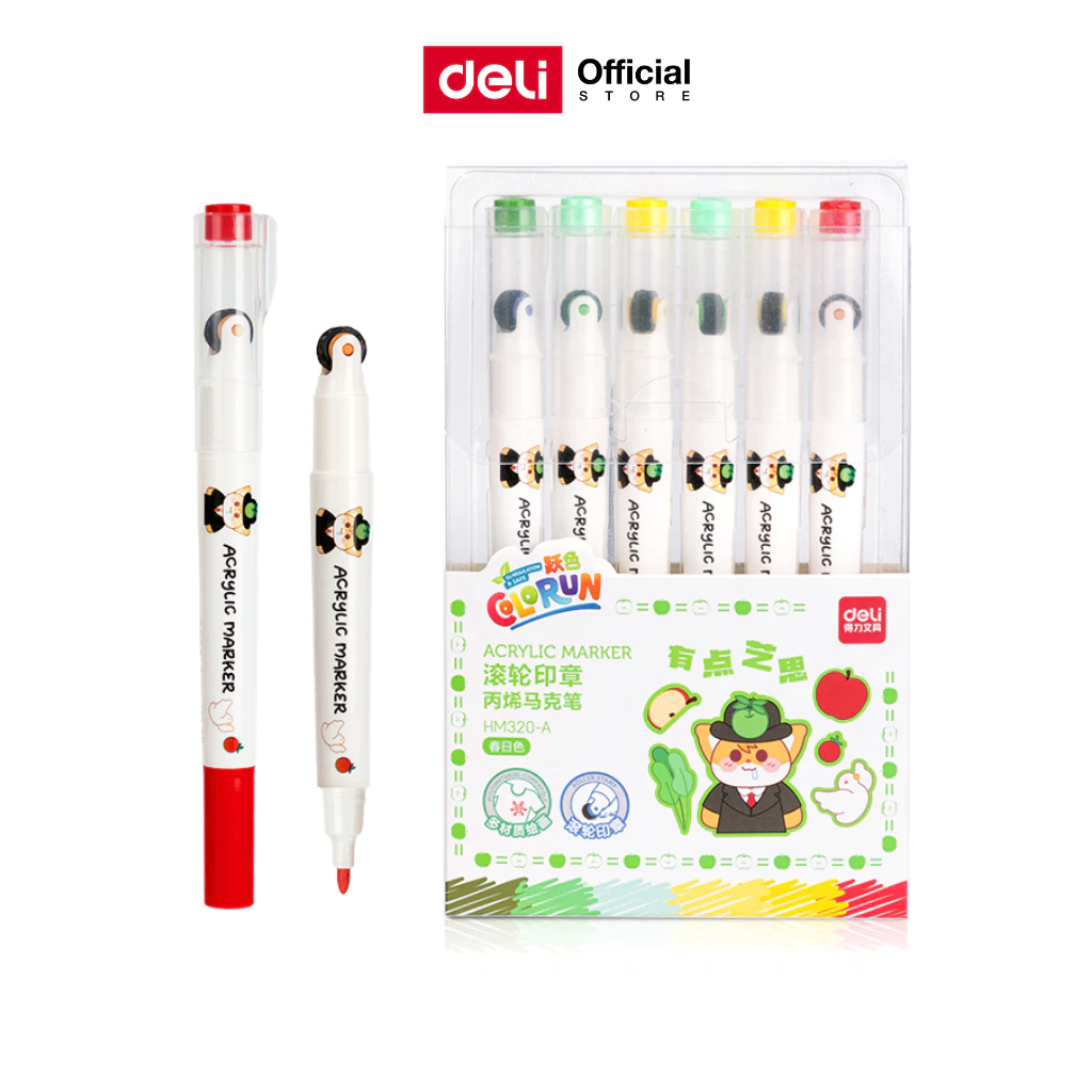 ปากกามาร์คเกอร์พร้อมสแตมป์ลุกกลิ้ง Deli รุ่น HM320A โทนสีน่ารักสดใส (6สี/1ชุด) (จำหน่าย 1 ชุด)