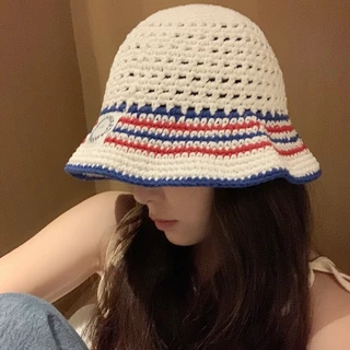 พร้อมส่งในไทย หมวกบักเก็ต ไหมพรมถัก ระบายอากาศ ตัดขอบลาย สไตล์เกาหลีขนาด 55-58ซม.