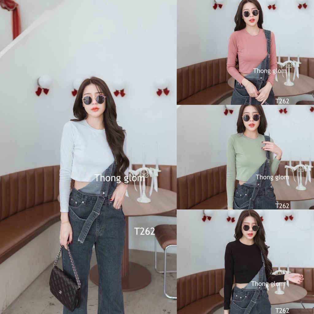 เสื้อครอปแขนยาว ผ้ายูนิโคล่ ป้าย  Thong glom