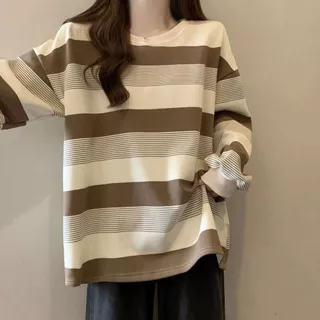 พร้อมส่งในไทย**เสื้อแขนยาวลายทางผ้าโพลี ทรงเกาหลี Y263