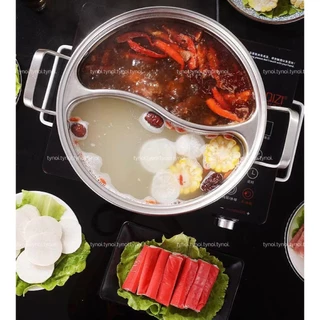 หม้อชาบู 2ช่อง สแตนเลส มีฝาปิด หม้อขึ้นรูปแบบช่องแยกกัน หม้อสุกี้ ใช้กับเตาแม่เหล็กไฟฟ้าได้ หม้อ