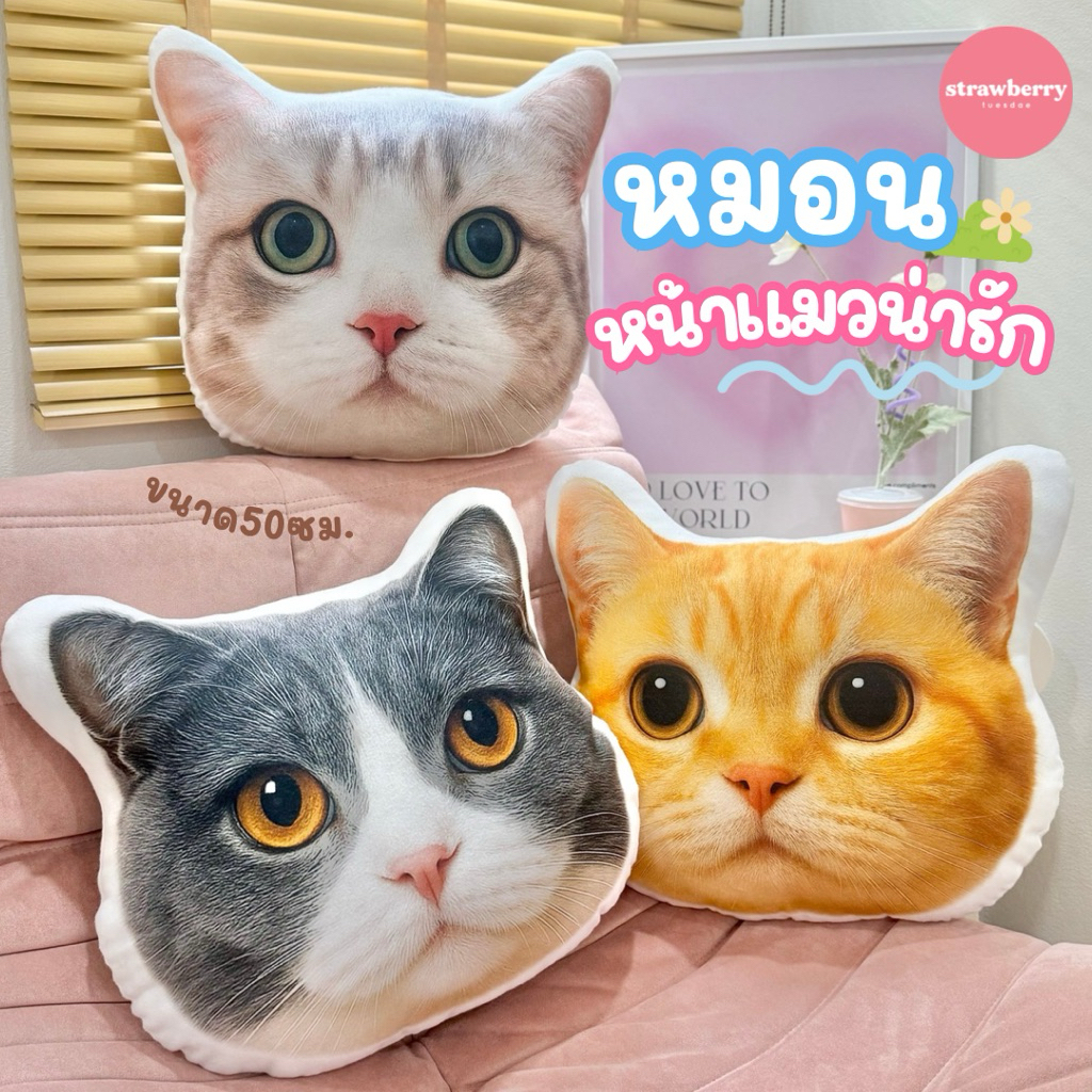 หมอนหน้าแมว หมอนสัตว์เลี้ยง หมอนพิมพ์ลายแมว หมอนทาสแมว หมอนอิงรูปแมว ขนาดใหญ่ 50cm สีคมชัด  พร้อมส่ง มีเก็บปลายทาง