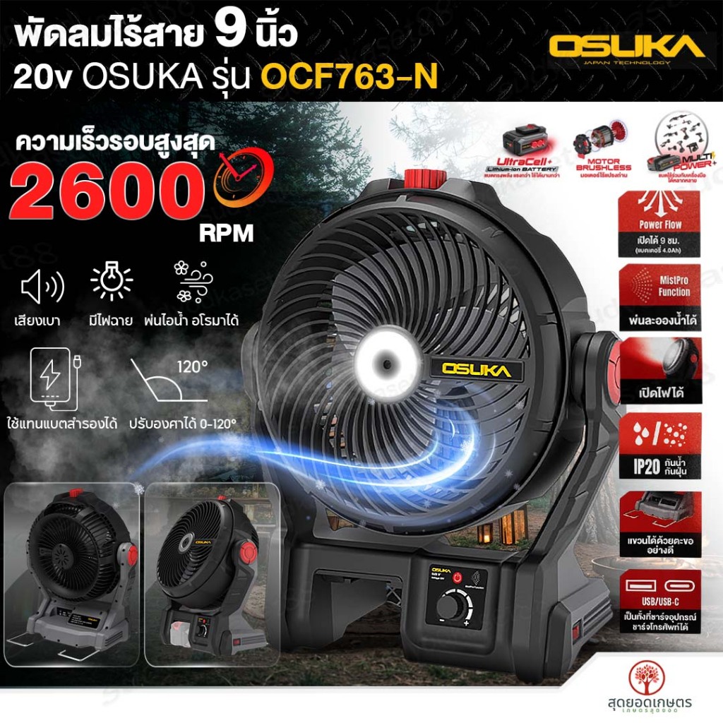 OSUKA พัดลมไร้สาย 9 นิ้ว 20V รุ่น OCF763-N (เฉพาะตัวเปล่า) พ่นละอองน้ำได้ | พัดลมพกพา พัดลมแบตเตอรี่