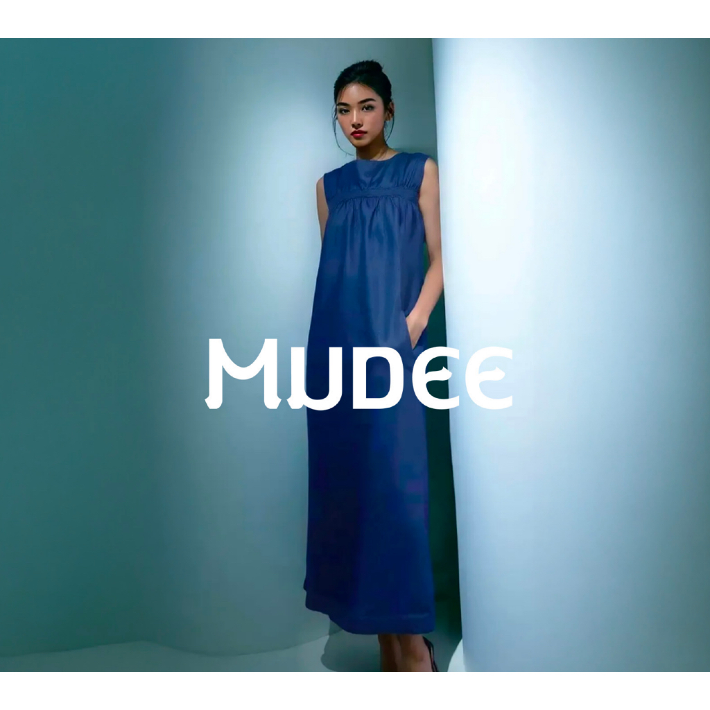 MUDEE เดรสลินินแขนกุด สีกรม Sleeveless Navy Linen Dress
