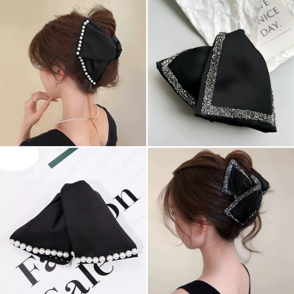 พร้อมส่ง!🇹🇭 ราคา/ชิ้น กิ๊บโบว์ผ้าซาตินสีดำ รุ่น Pearl&Sparkle Bow กิ๊บโบว์มุกและคริสตัล หนีบได้หลายสไตล์ เนื้องานเกาหลี