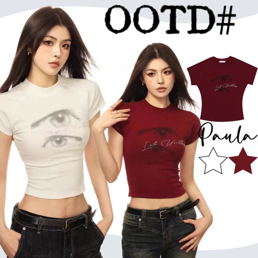 Paula พร้อมส่ง🧸เสื้อยืดแขนสั้น👀เสื้อรัดรูป คอกลม ทรงเอวลอย Y2K เสื้อครอปแฟชั่นผู้หญิง พิมพ์ลายตา น่ารัก สไตล์เกาหลี