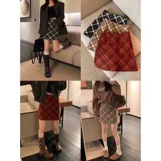 🔥พร้อมส่ง🔥 กระโปรงลายสก็อต แดง/ดำ/น้ำตาล กระโปรงผู้หญิง เอวสูง ลายสก็อต (podo_shop)