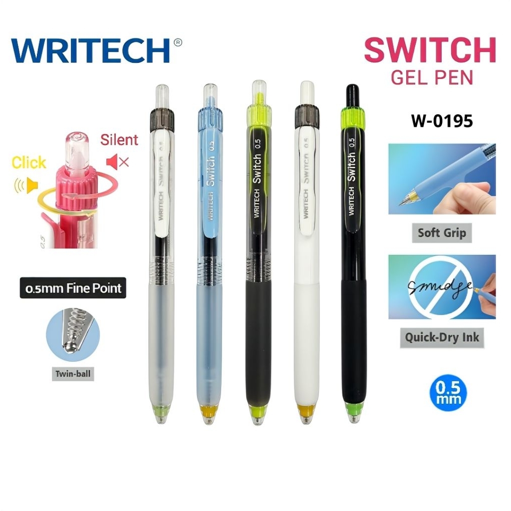 Writech ปากกาเจล W-0195 ขนาด 0.5 มม หมึกน้ำเงิน ปากกาแบบเสียงเงียบและมีเสียงคลิกในด้ามเดียวกัน เปลี่ยนไส้ได้ (1 ด้าม)