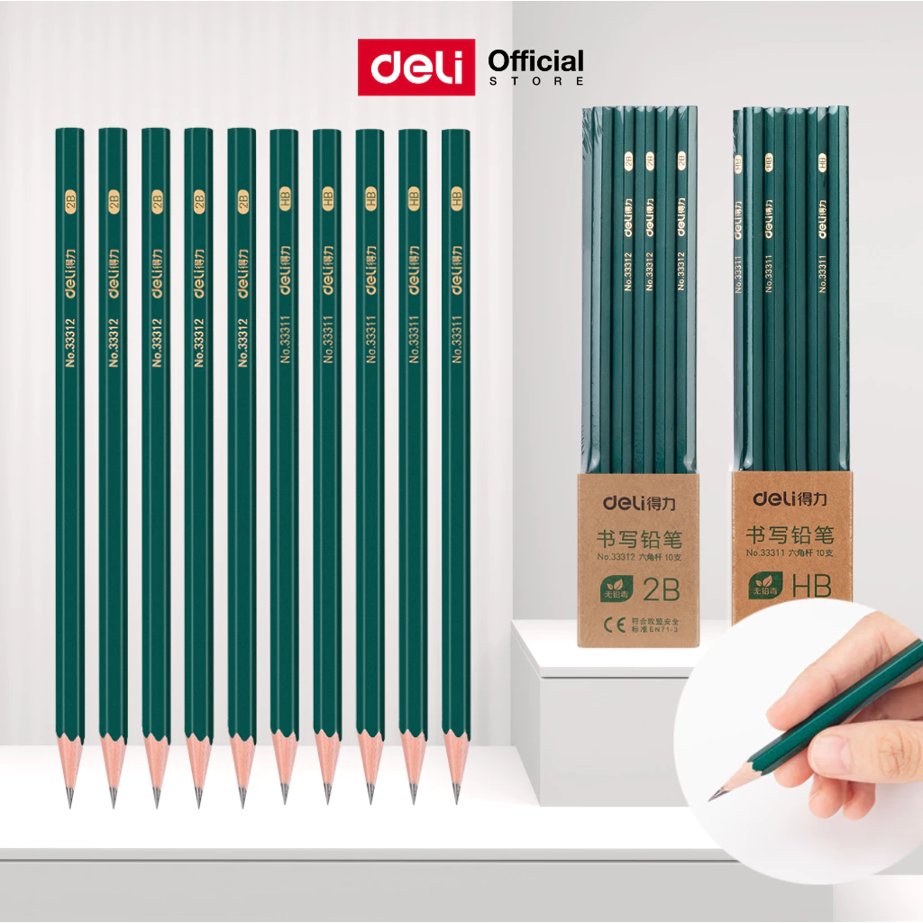 ดินสอไม้สีเขียว Deli รุ่น 33311/33312/EC36 ความเข้มHB/2B (จำหน่าย 1 แพ็ค / 10 แท่ง) Graphite Pencils