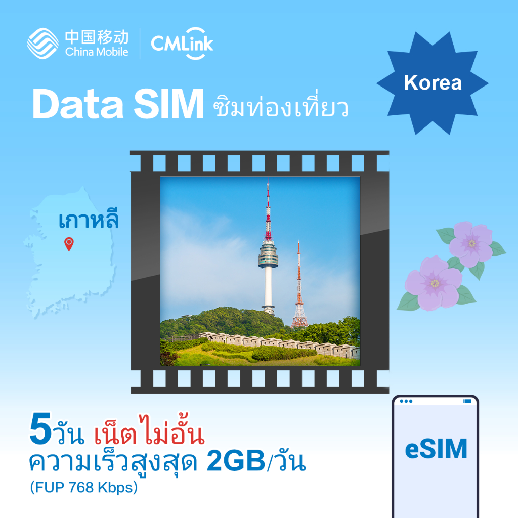 eSim! CMLink Data Sim ซิมท่องเที่ยวเกาหลี 5 วันเน็ตไม่อั้น