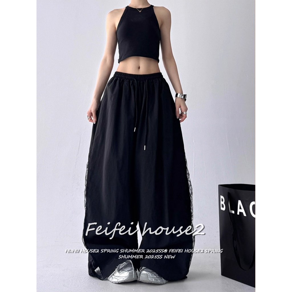 [Summer lace design wide-leg pants]กางเกงขากว้างเย็บแบบลำลองสไตล์อเมริกันสำหรับผู้หญิงในช่วงฤดูร้อน