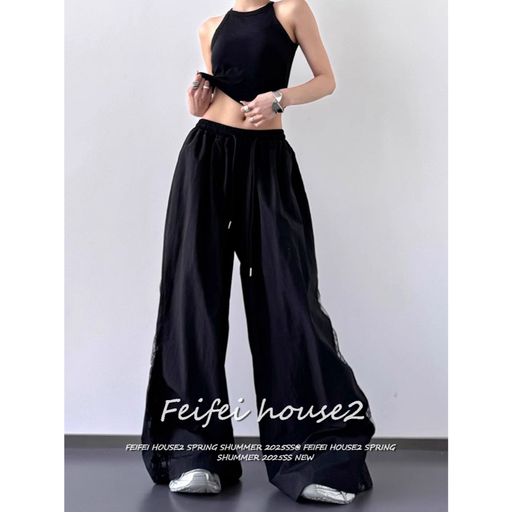 [Summer lace design wide-leg pants]กางเกงกีฬาขากว้างเย็บแบบลำลองสไตล์อเมริกันสำหรับผู้หญิง