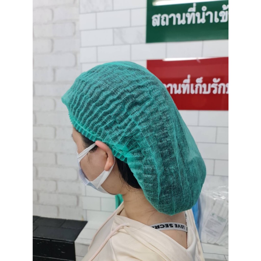 หมวกตัวหนอน หมวกจีบคลุมผม VG  Cap หนา 14g ยาว 21ซม. 50,100 ชิ้น สีเขียว ฟ้า ขาว