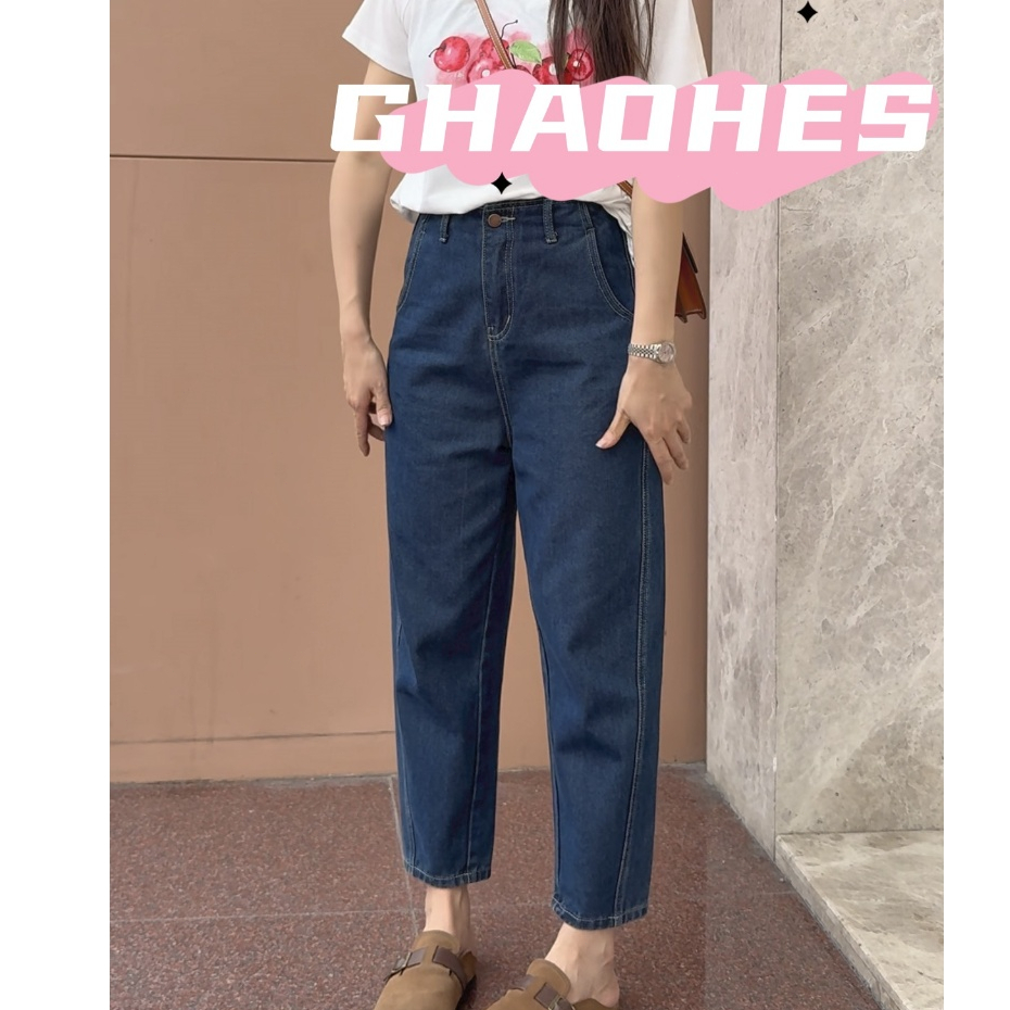 GHAOHES  กางเกงยีนส์ยืด 9 ส่วน เอวสูงสไตล์วินเทจ ดูผอมสำหรับสาวไซส์ใหญ่ V125