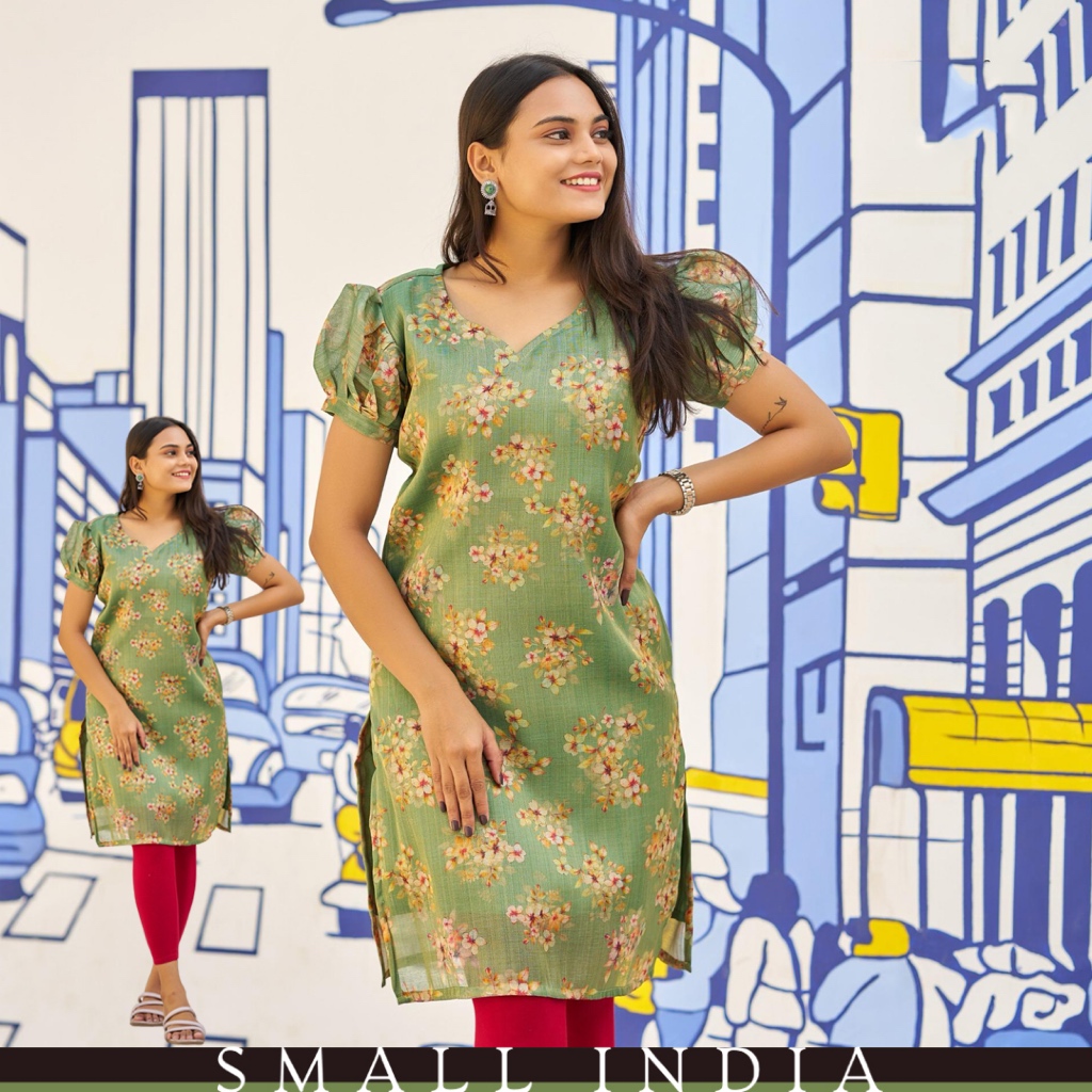 {**ส่งฟรี**} SMALL INDIA ✨👚 Trending Pattern Green Printed Kurti Top เสื้อผู้หญิง ✨👚 Women Kurti Top