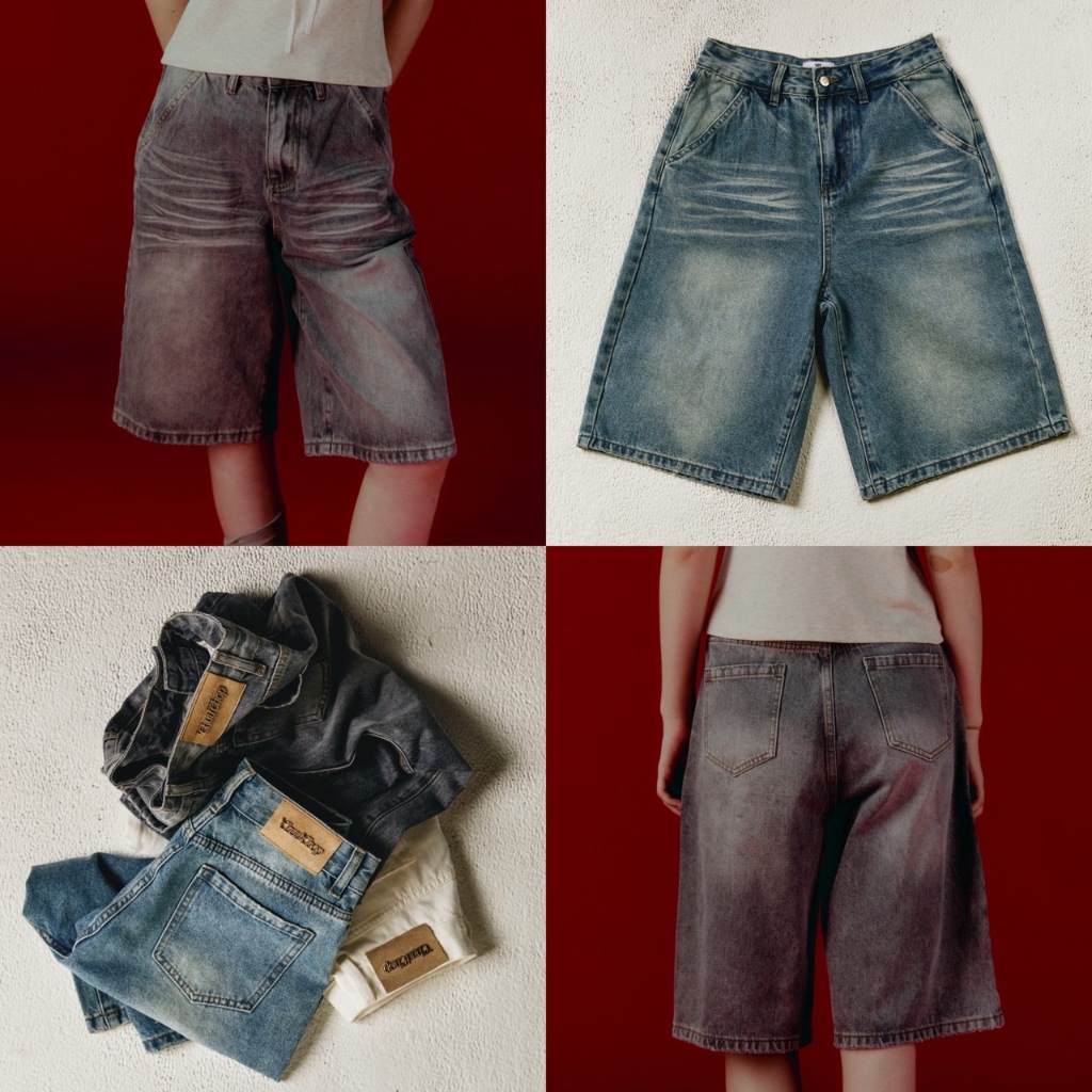 chuuchop(XS-4XL) Stone Jorts Jeans กางเกงยีนส์ 3 ส่วน ทรงจอร์จ (C8409)