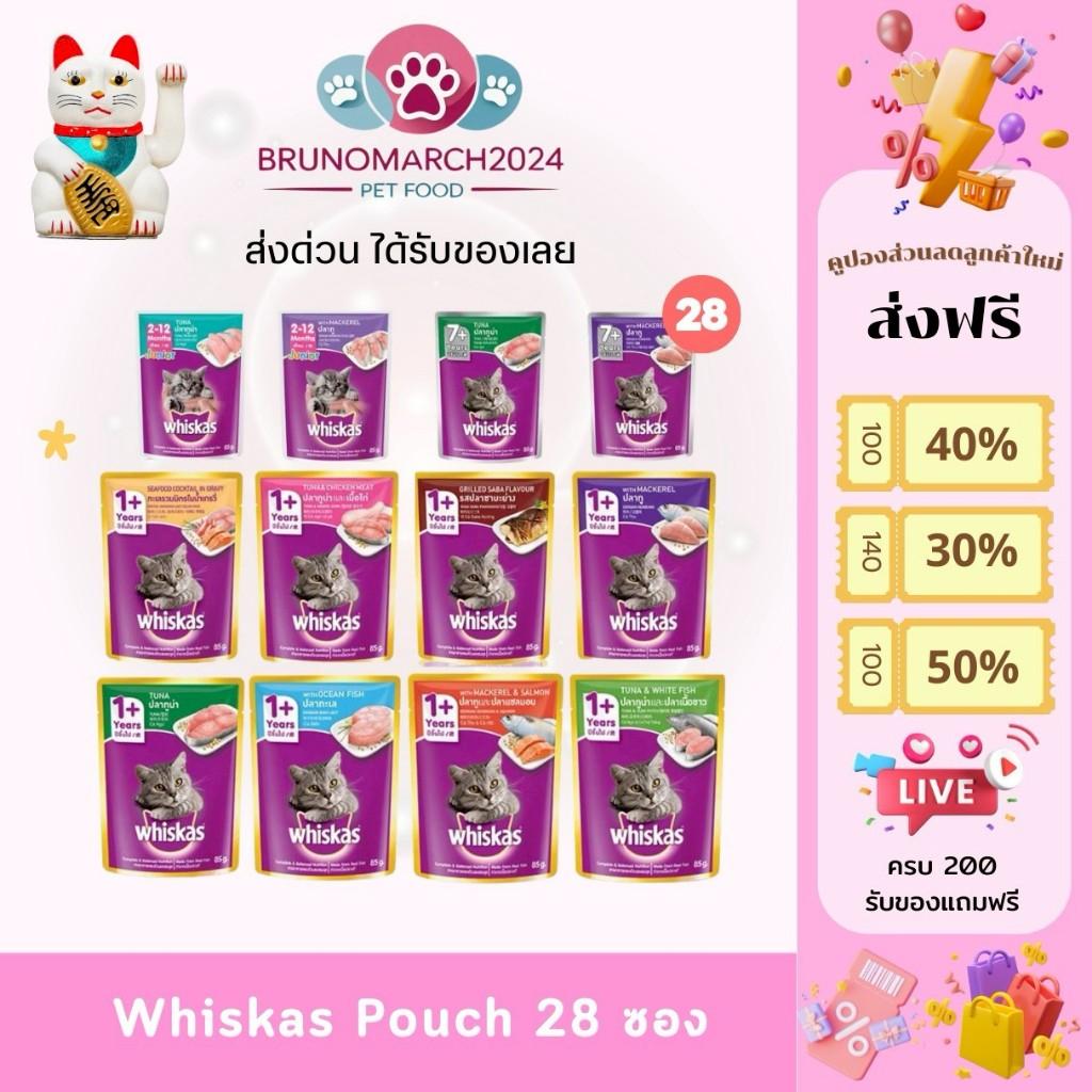 Whiskas ( 28 ซอง )อาหารเปียกวิสกัส แสนอร่อย วิสกัส งดคละรสคละซอง