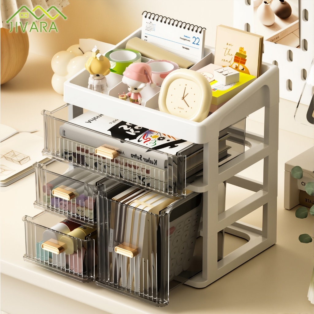 JIVARA กล่องเก็บของอเนกประสงค์ กล่องเก็บเดสก์ท็อปแบบลิ้นชัก กล่องเก็บเครื่องสำอาง ป้องกันฝุ่นและความ