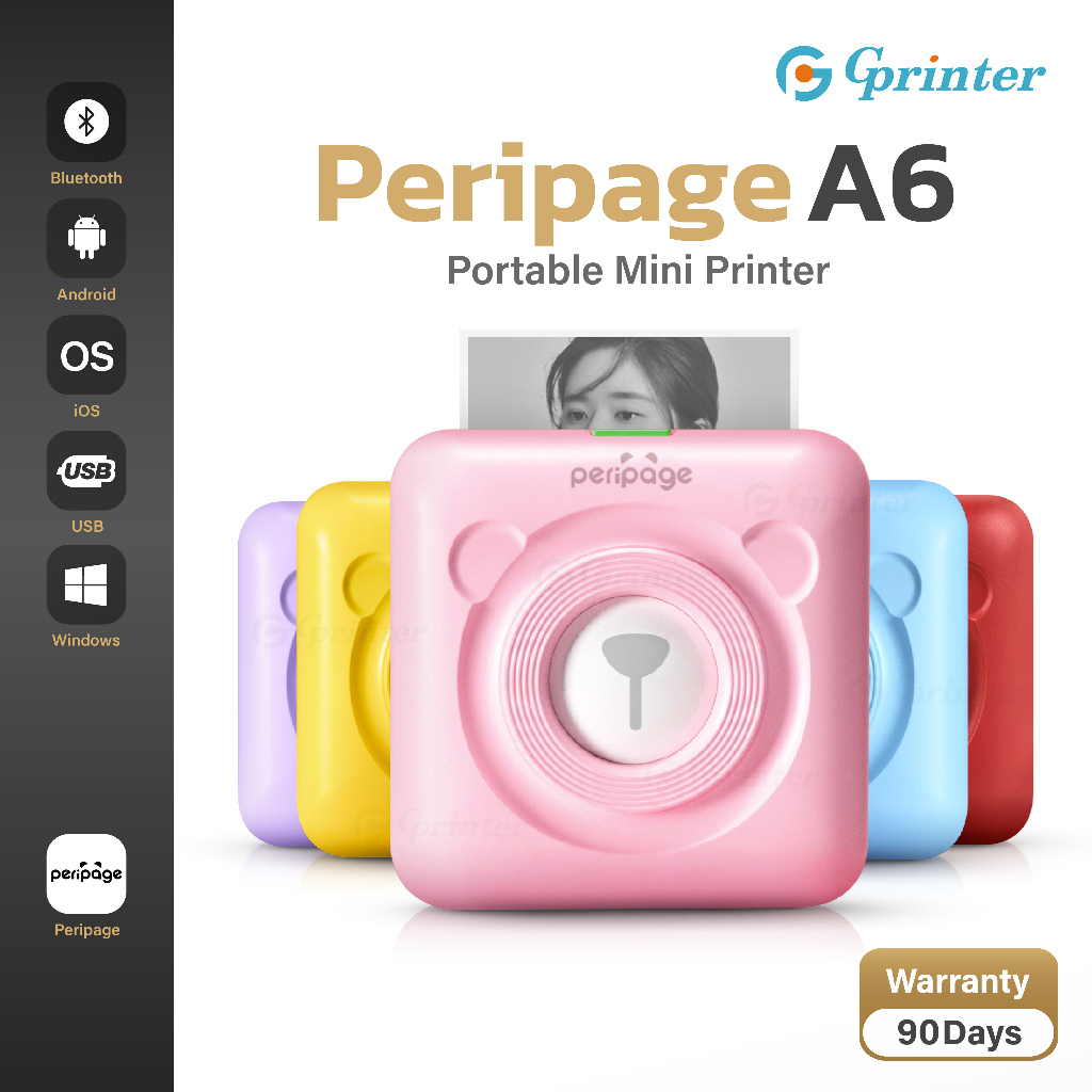 Gprinter เครื่องปริ้นพกพา PeriPage A6 เครื่องปริ้นสติ๊กเกอร์ พิมพ์สติกเกอร์ บาร์โค้ด Mini Printer