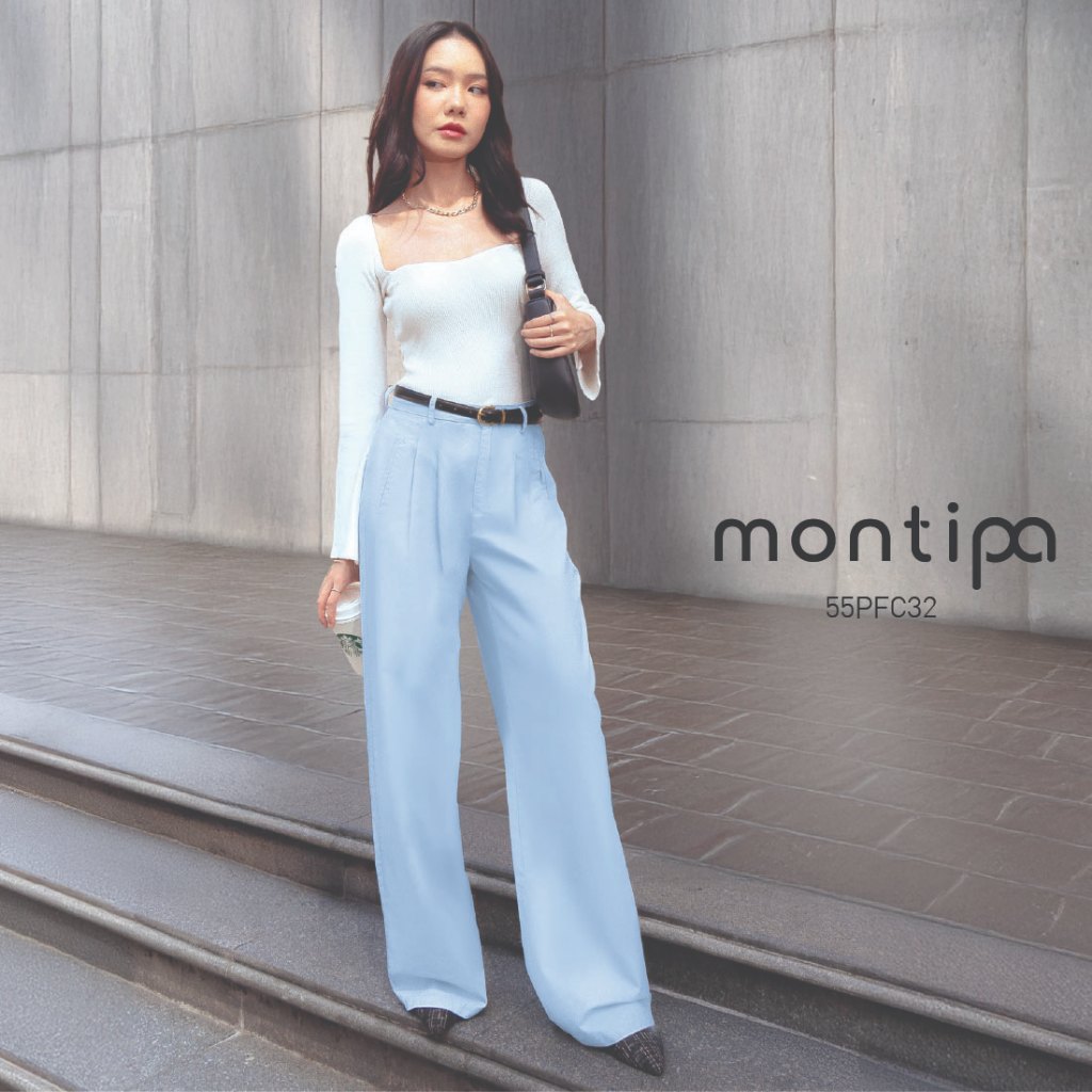Montipa กางเกงทรงกระบอก ซิปหน้า แต่งจีบหน้าและฝากระเป๋าหลัง ผ้าคอตตอน 55PFC32