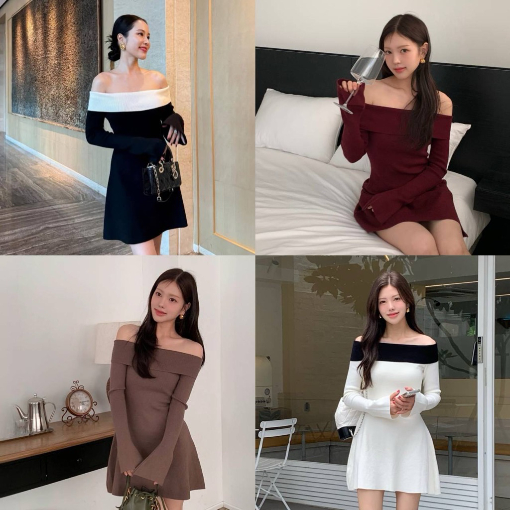 LITAS : ROSE DRESS เดรสปาดไหล่เเขนยาว เดรสสั้นปาดไหล่