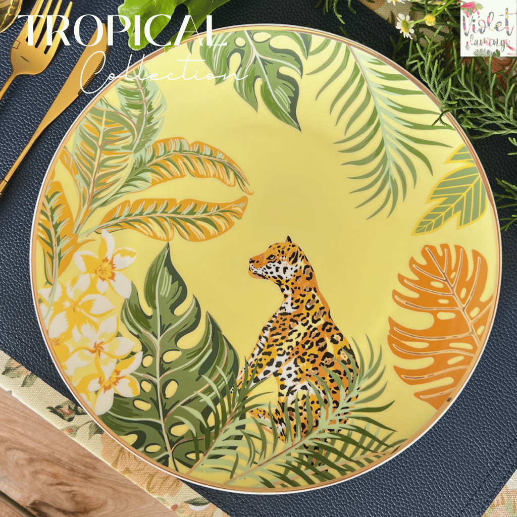 Violet Flamingo จานลายสัตว์ Tropical Collection จานกลม ขนาด 8 นิ้วและ 10 นิ้ว วัสดุโบนไชน่า ขอบทอง