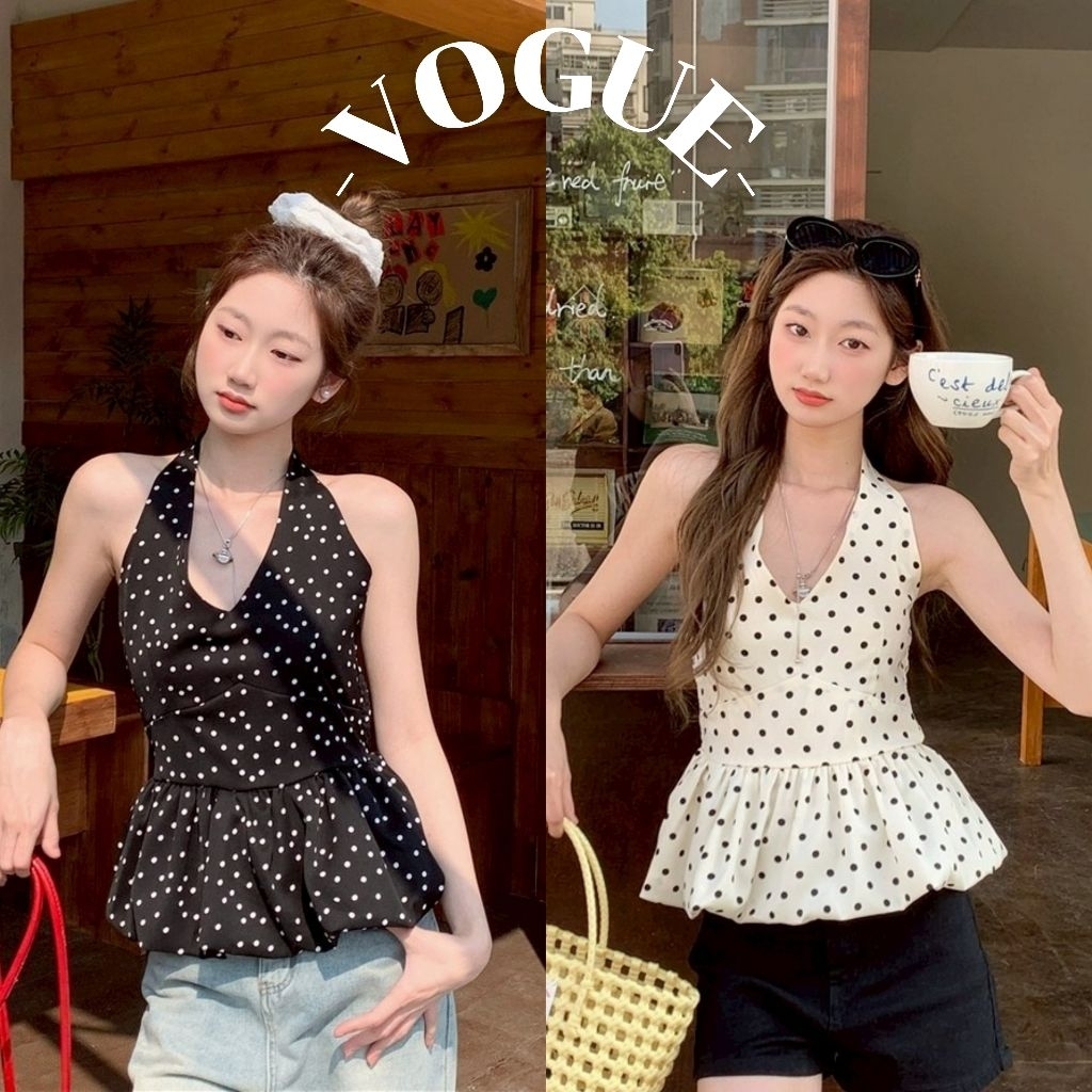 Vogue🌟พร้อมส่ง🌟 เสื้อคล้องคอผูก เว้าหลัง ลายน่ารักสีขาวดำ (8K186)