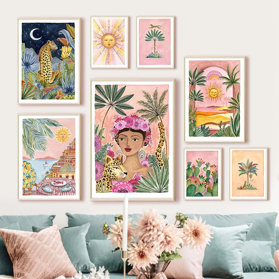 (พร้อมส่งจากไทย ภาพรวมกรอบ)รูปต้นกระบองเพชร โบโฮ ต้นกล้วย เสือดาว สไตล์นอร์ดิก สําหรับตกแต่งผนัง ห้องนั่งเล่น