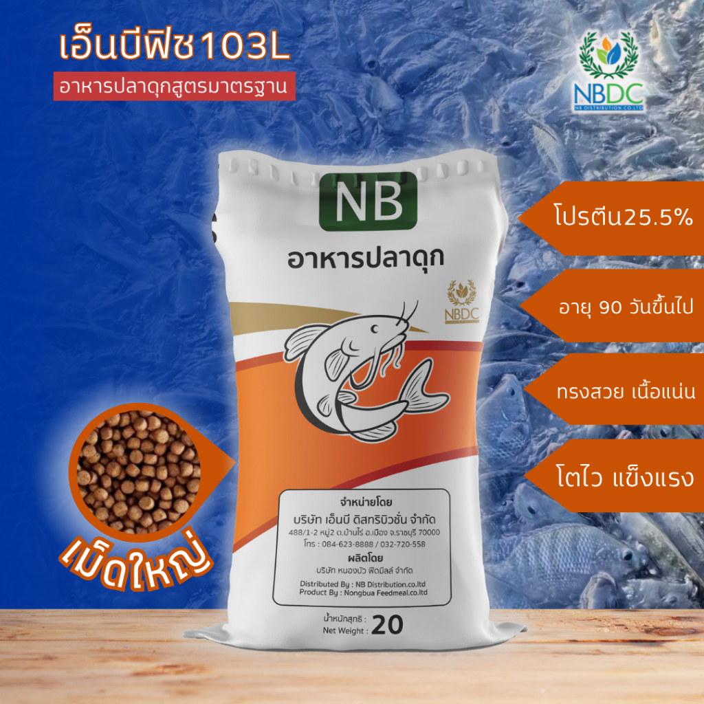 NB Fish เอ็นบีฟิช 103L อาหารปลาดุก โปรตีน25.5% เม็ดใหญ่ โตไว สันหนา มีโปรไบโอติก สูตรมาตรฐาน NBDC