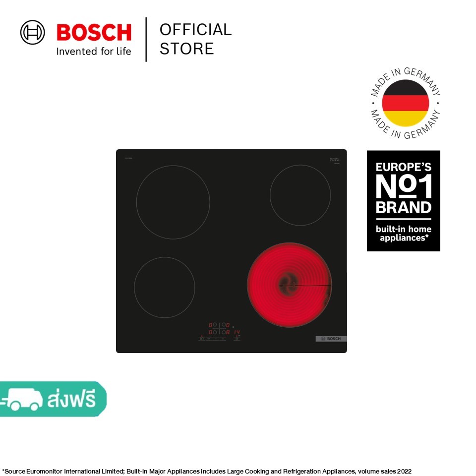 Bosch เตาแก๊สไฟฟ้า 4 หัว แบบติดตั้งบนเคาเตอร์ครัว ขนาด 60 ซม. ซีรีส์ 4 รุ่น PKE611BB8E