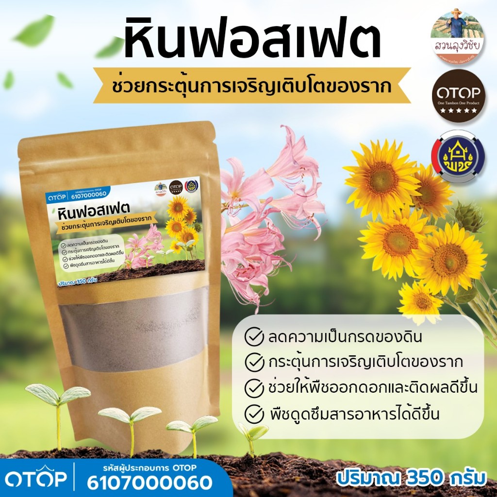 หินฟอสเฟต แร่ฟอสเฟต ขนาด 350 กรัม ดินผสมดินปลูก เพิ่มธาตุอาหารในดิน ฟื้นฟูสภาพดิน แบบ (ซอง)
