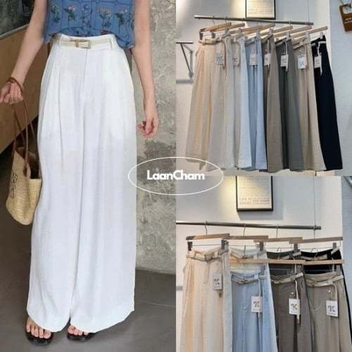 Laan.Cham #9315(K) กางเกงขายาวทรงกระบอก+เข็มขัด Old Money Style ใส่ทำงาน ผู้หญิง พร้อมส่ง