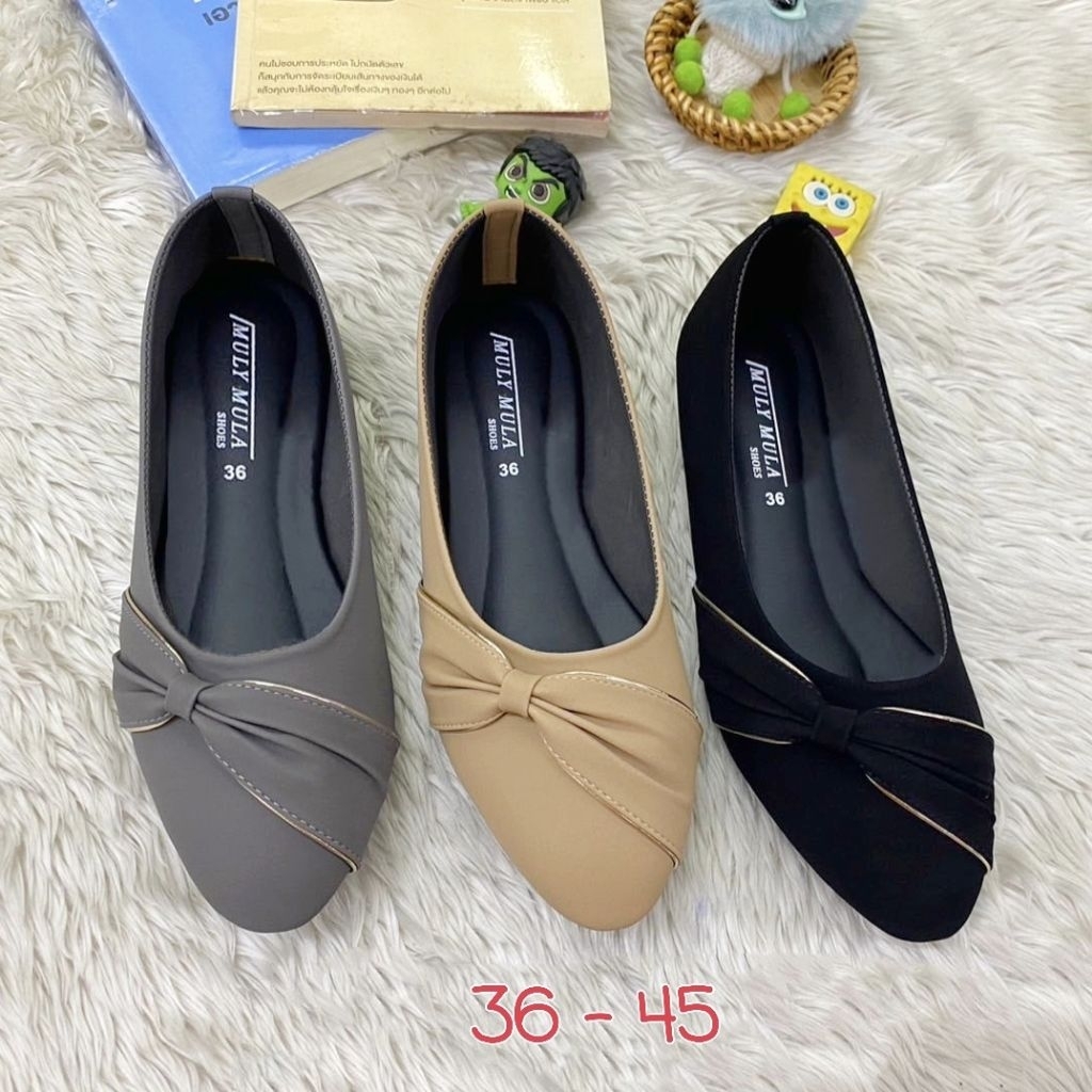 🔥รองเท้าคัทชูหัวแหลม ไซส์.36 -45 (เผื่อไซส์ด้วยนะคะ) #ส้นแบน คาดโบว์เอียงข้าง แต่งขอบเมทัลลิก...พร้อมส่ง✅