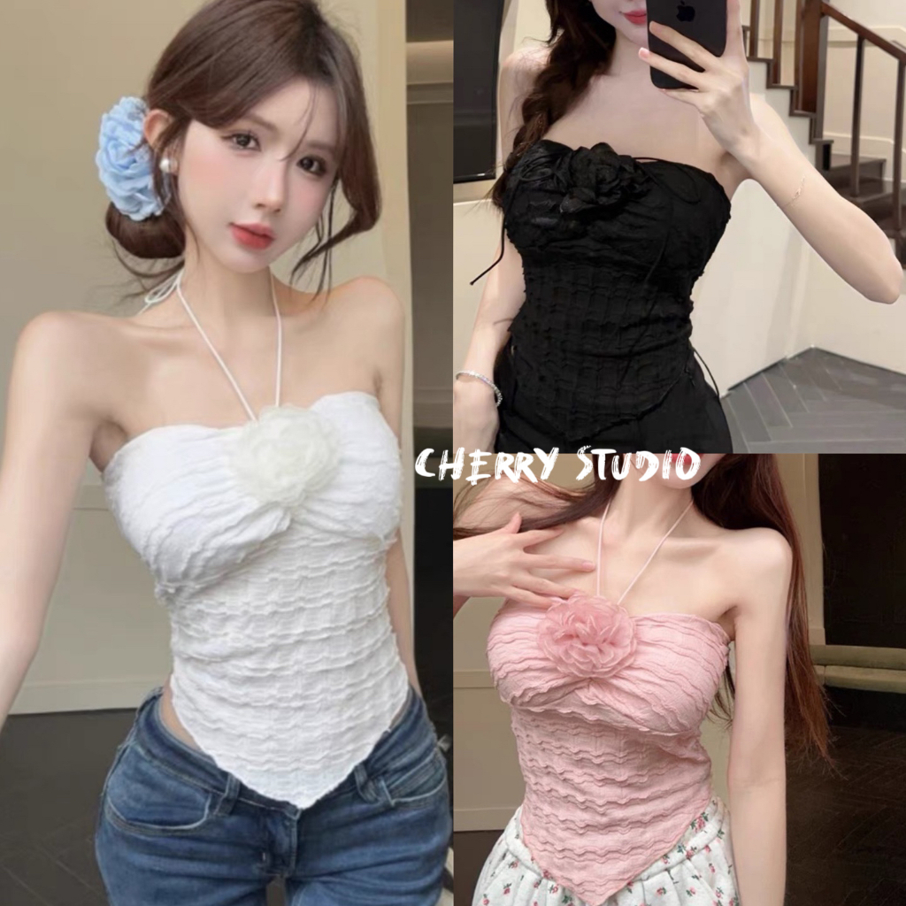 Cherry✨พร้อมส่ง✨ชุดเซ็ต2ชิ้น เสื้อเกาะอกไหมพรม+ กระโปรงสั้น ชุดไปทะเล ผูกคล้องได้ แถมเข็มกัดดอกไม้ สำหรับผู้หญิง