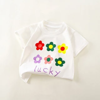 เสื้อยืดแขนสั้นเด็กหญิง เสื้อยืดเด็ก ผ้าฝ้าย100% สีพื้น ดอกไม้ เหมาะสำหรับเด็กอายุ 1-12 ปี