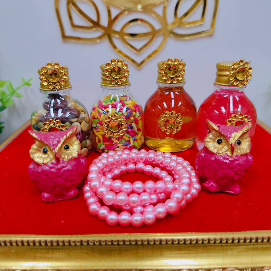 ชุดไหว้จิ๋ว มินิน่ารัก พร้อมนกฮูกคู่ และสร้อยชมพู ถวายพระแม่ลักษมี