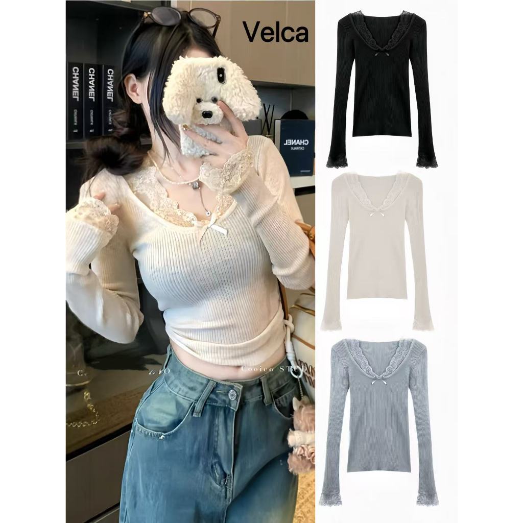 Velca  เสื้อแขนยาวผู้หญิง   เสื้อคอกลม  สีพื้น เต็มตัว ทรงสวย   ผ้าร่องแต่ลูกไม้