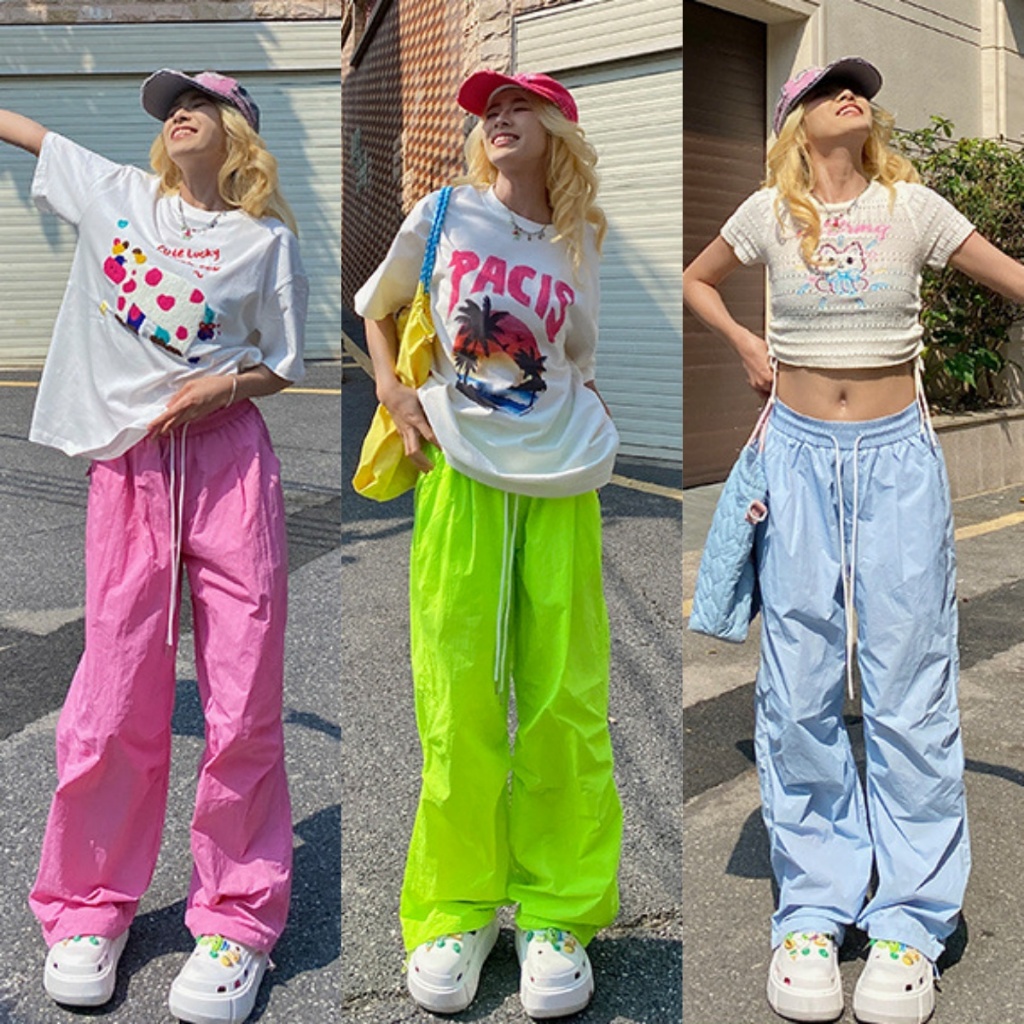 🌈ชุดเอี๊ยมผู้หญิง Y2K🌈กางเกงลำลองสีสดใส เอวยางยืด ผ้าใส่สบาย