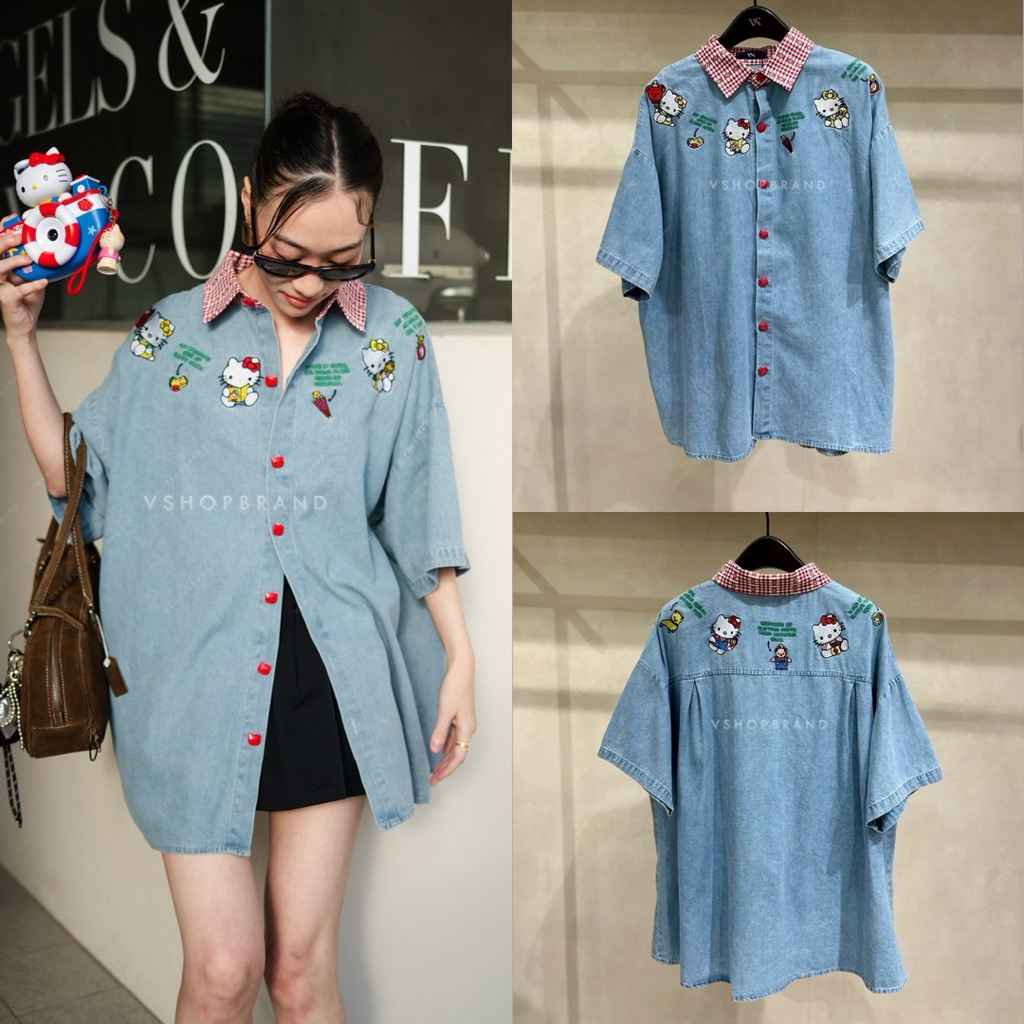 8090-7 เชิ้ตยีนส์แขนสั้นปักคิตตี้รอบอก ปกลายสก๊อต Vshop