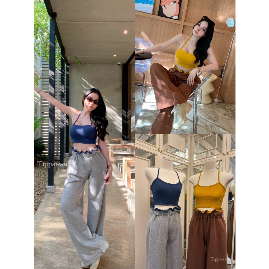 【TIPPAWAN】 TPW 54060 Setขายาว เอวขนมจีบ เอวสูงแบบสับๆ มาพร้อมเสื้อคล้องคอ ตะมุตะมิมากแม่ ใส่มาดูแกลม