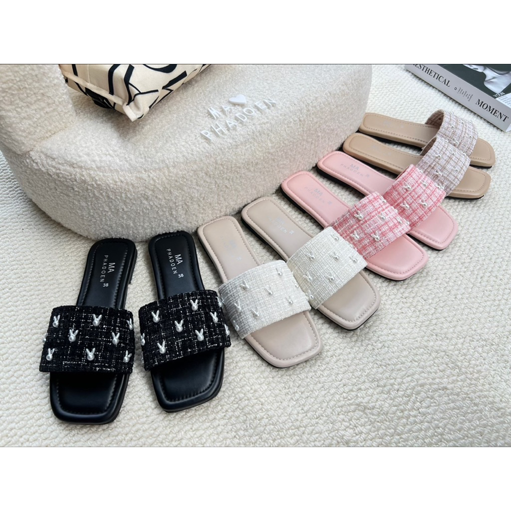 Rinya shoes🐇รองเท้าแตะแฟชั่น ผ้าทวิตแต่งหมุดน้องกระต่าย น่ารักๆ รุ่นนี้พื้นหนานุ่มพิเศษนะคะ มีไซด์36-45 สินค้าพร้อมส่ง
