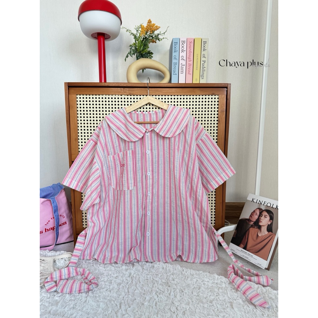 RAYNE.CLOSET | Pinkpie Top - เสื้อคอบัวลายริ้วสีชมพู มีเชือกผูกหลัง (อก40-52“) - รูปที่ 7