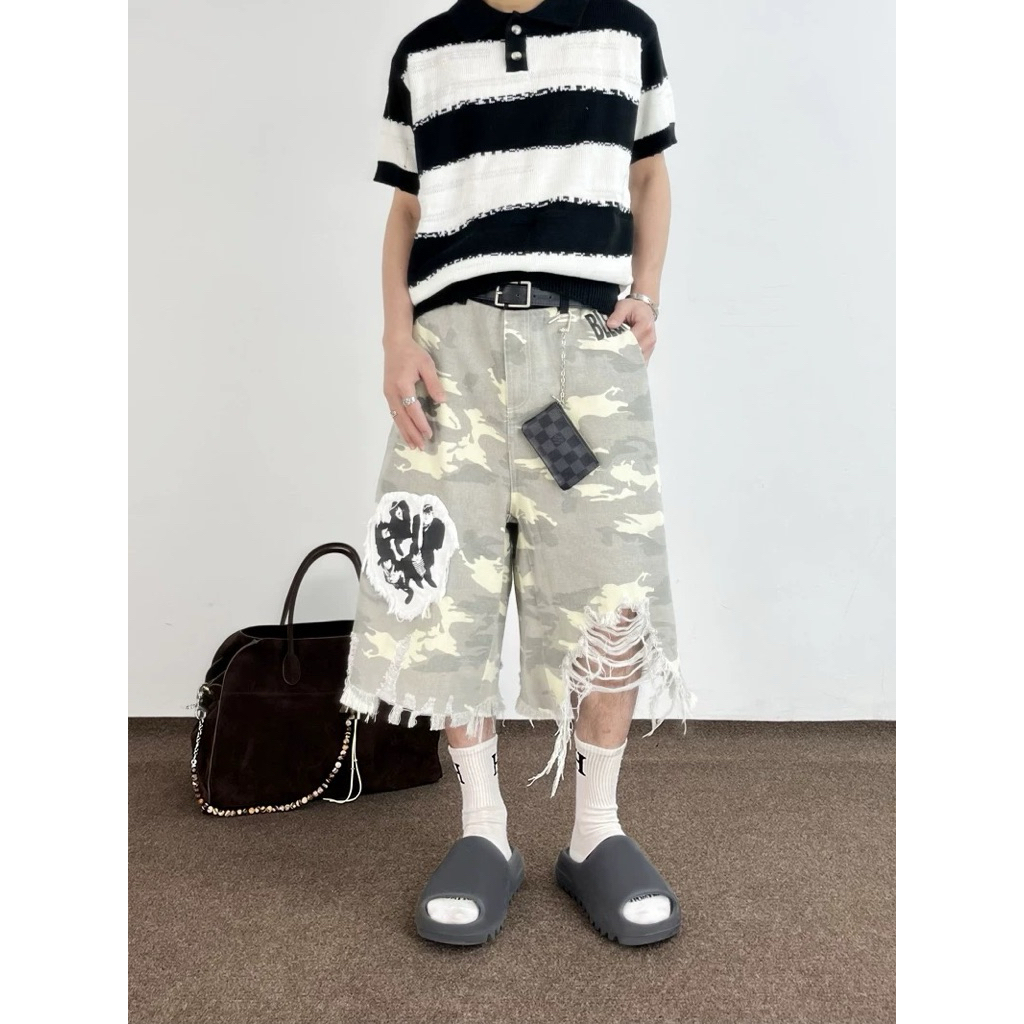 กางเกงยีนส์ทรงกระบอก 3 ส่วน big camo jorts