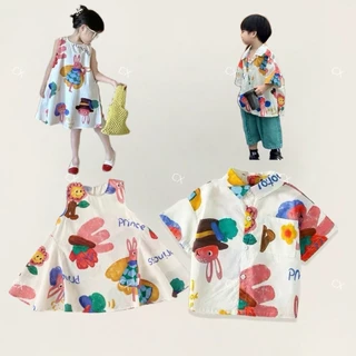AY093 ชุดคู่แฟชั่นเด็ก พี่ชาย-น้องสาว เสื้อเชิ้ต+เดรส ลายเพ้นท์การ์ตูน สีสันสดใส ผ้านิ่ม ระบายอากาศดี