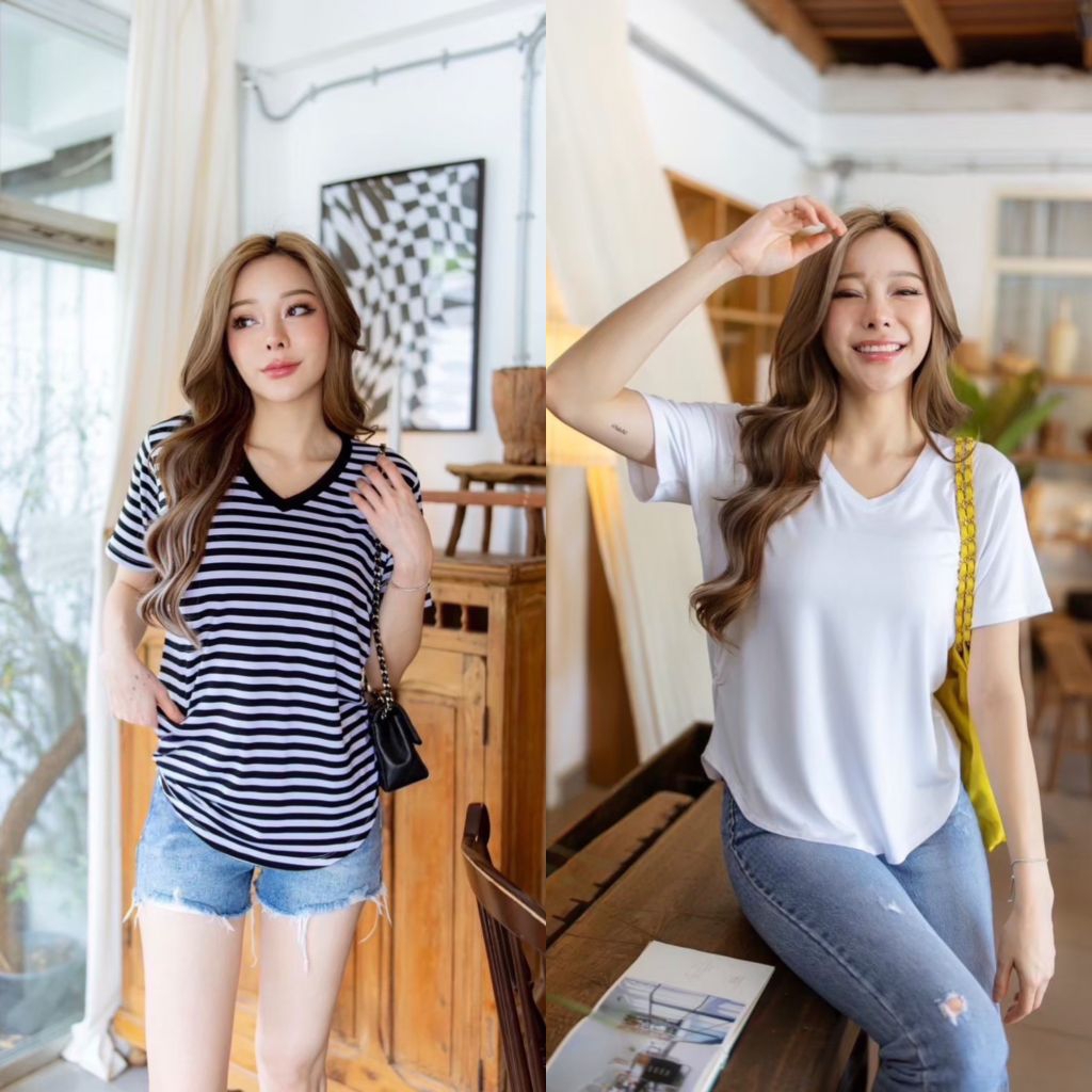 เสื้อยืดคอวีแขนสั้นเย็บจีบข้างผ้าเรย่อนพรีเมี่ยม ราคา ถูกที่สุด ดีลบีเคเค แกลเลอรีภาพที่ 4