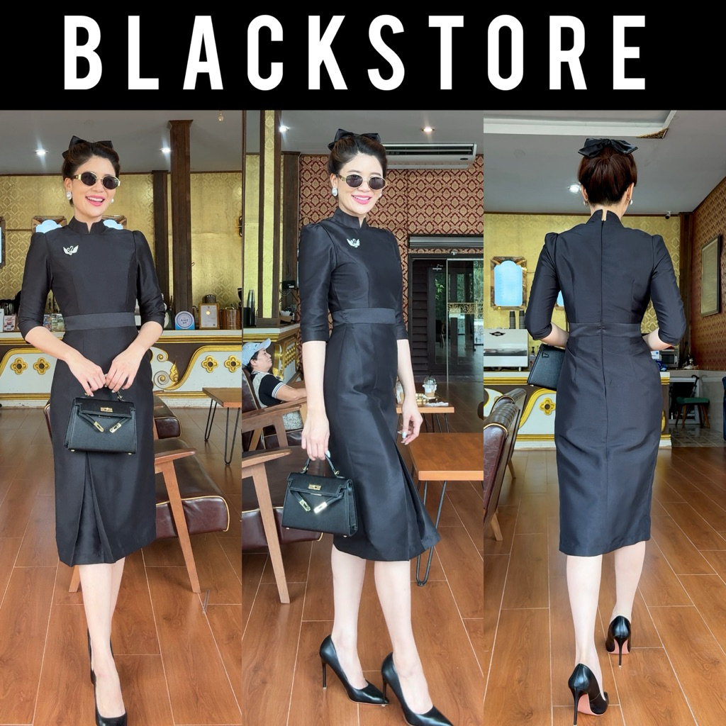 รุ่นทวิตหน้า ชุดดำ เดรสสีดำ ชุดไทยจิตรลดา ชุดดำสุภาพ ชุดดำแฟชั่น ชุดผ้าไหมสีดำ