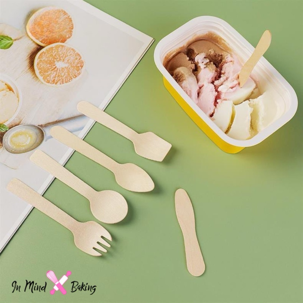 ช้อนไม้ใช้แล้วทิ้ง ส้อมไม้ใช้แล้วทิ้ง ขนาด 10cm บรรจุรวมถุง (แพค100ชิ้น)